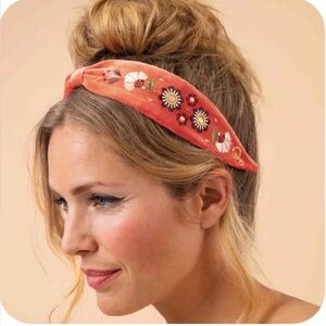Powder UK tangerine velvet Art Deco Embroidered Headband/floral/gold lurex - NWT